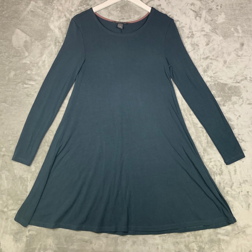 Free Fly Bamboo Swing Dress Womens S Long Sleeve Teal A-Line Travel Coastal Soft